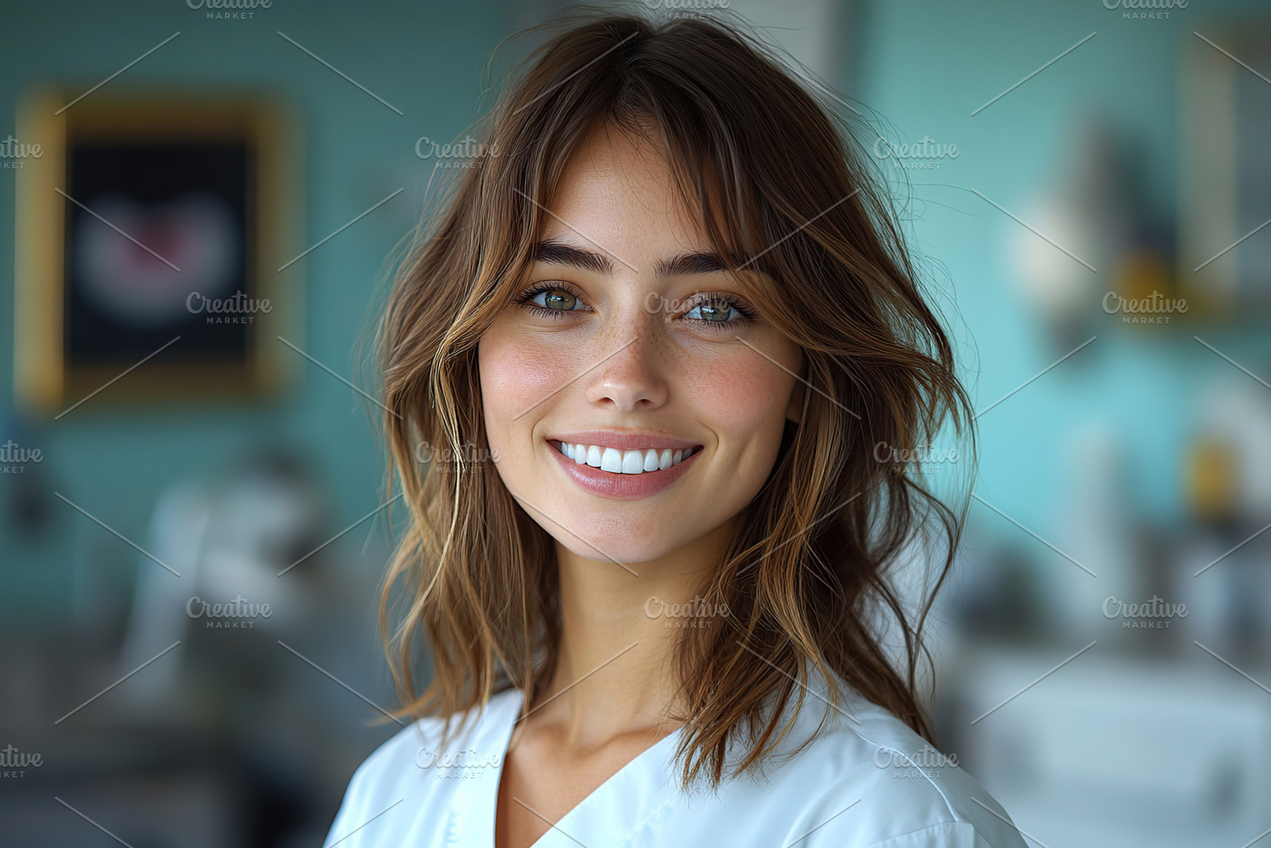 Female dentist smiling in a brightly lit dental clinic during of, a Person Photo by AlyaAnd