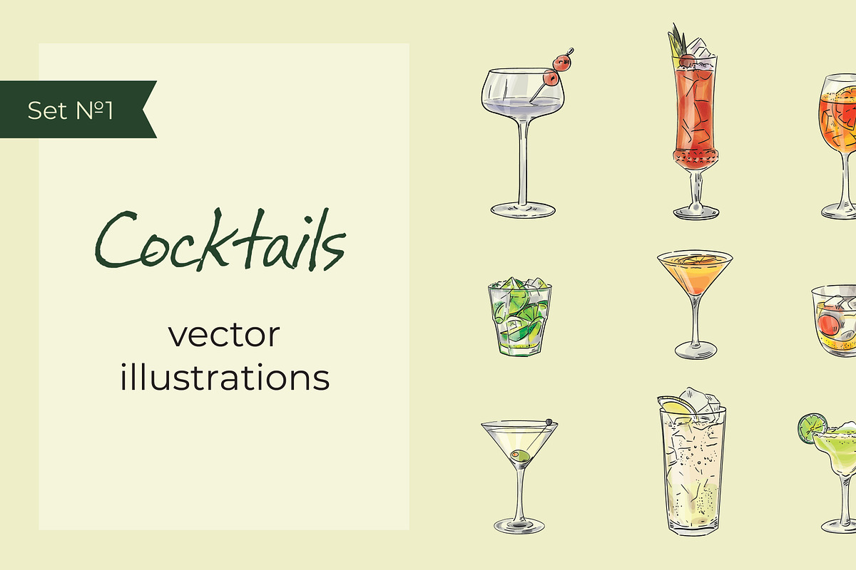 Cocktail set 1. Vector illustrations, a Food Illustration by Svitlo illustrations (Photo 1 of 4)