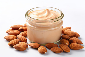 Glass jar of almond butter on white background, a Food & Drink Photo by AlyaAnd