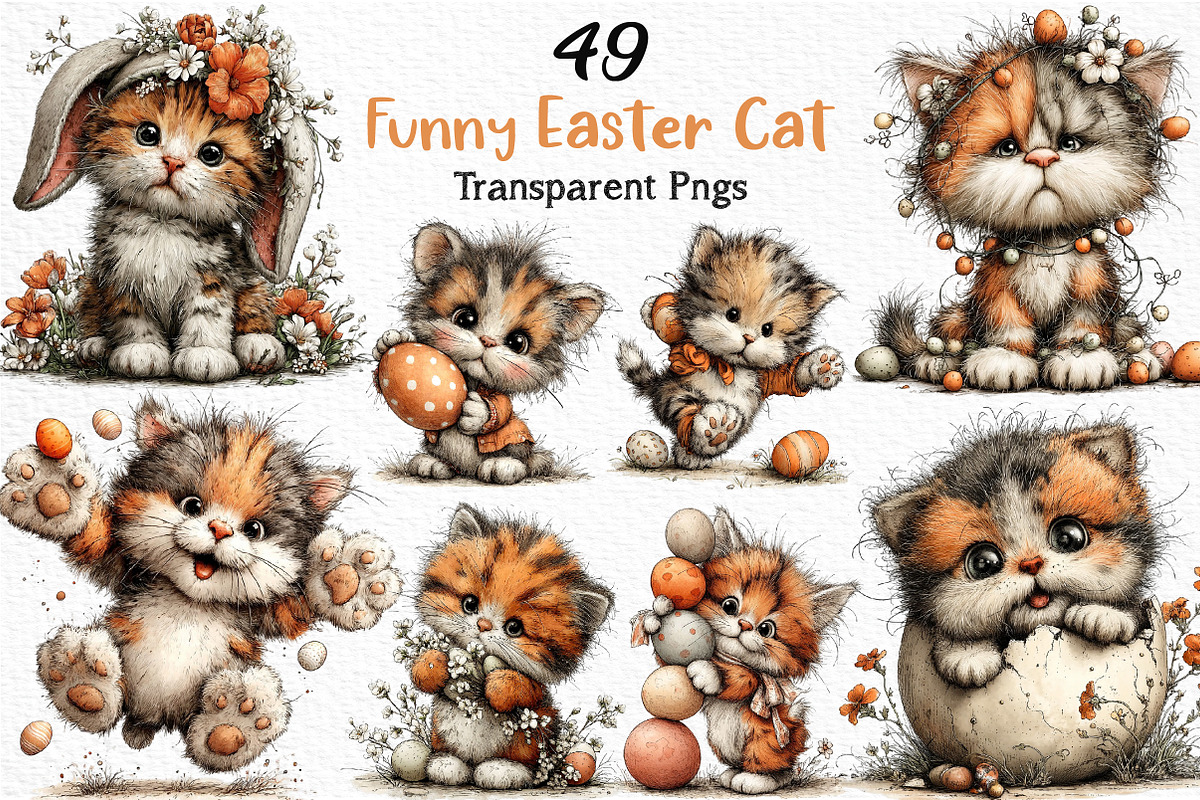 Whimsical Funny Easter Cat Clipart, an Illustration by Craft Nest (Photo 1 of 6)