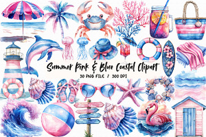 Summer Pink & Blue Coastal Clipart, an Illustration by Libby Wishes