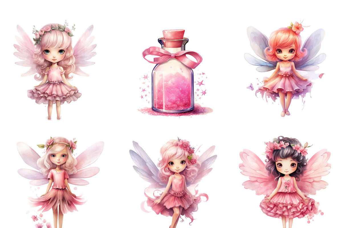 Watercolor Pink Fairy Clipart Bundle, an Object Illustration by ...