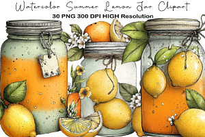 Watercolor Summer Lemon Jar Clipart, an Illustration by Black Bird Studio
