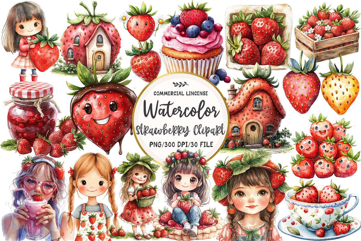 Watercolor Strawberry Clipart, an Illustration by OK Design (Photo 1 of 5)