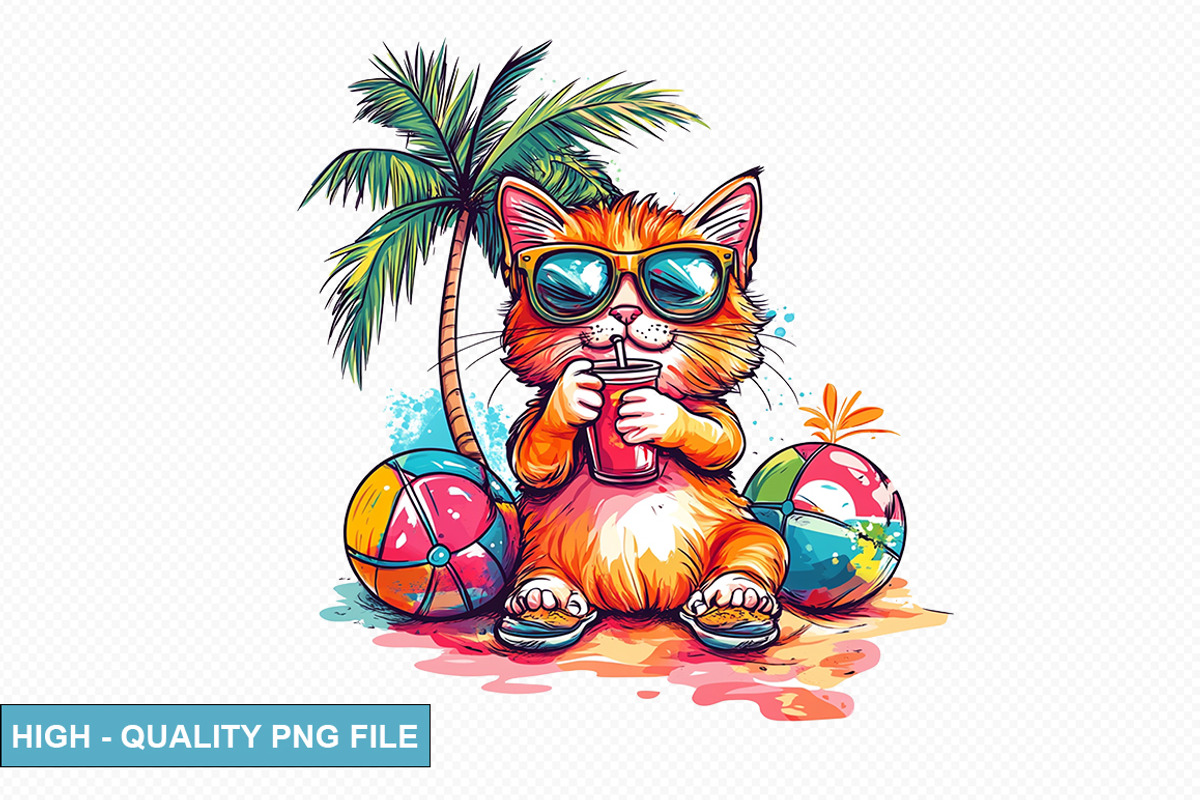 Cute Cat on the Beach Clipart Bundle, an Illustration by crative8112 (Photo 3 of 9)