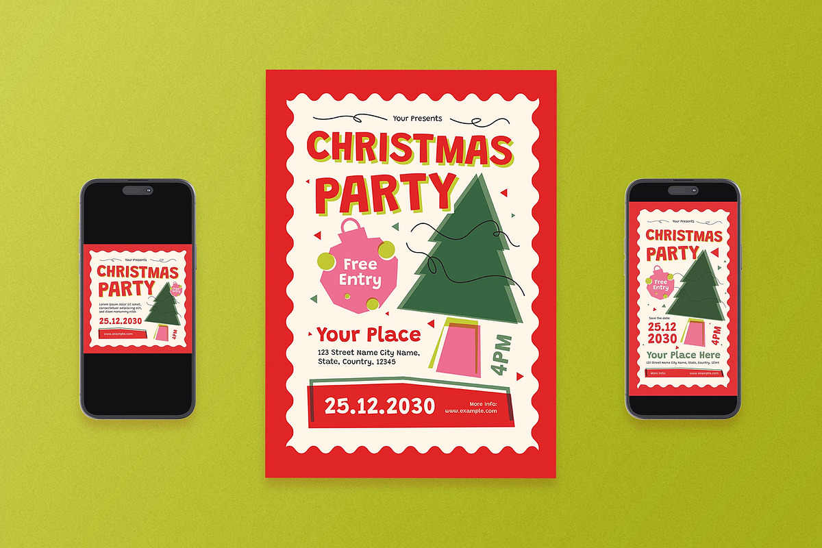 Red Riso Christmas Party Flyer Set, a Flyer Template by Aiyari Graphic (Photo 1 of 3)