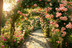 Lush rose garden path winding through blooming flower arches at, a Photo by Studio ANNA