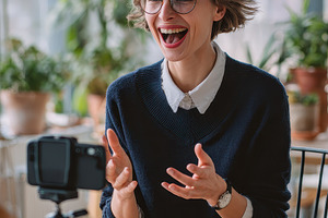 Happy woman vlogging online video re, a Photo by Pixeness Studio