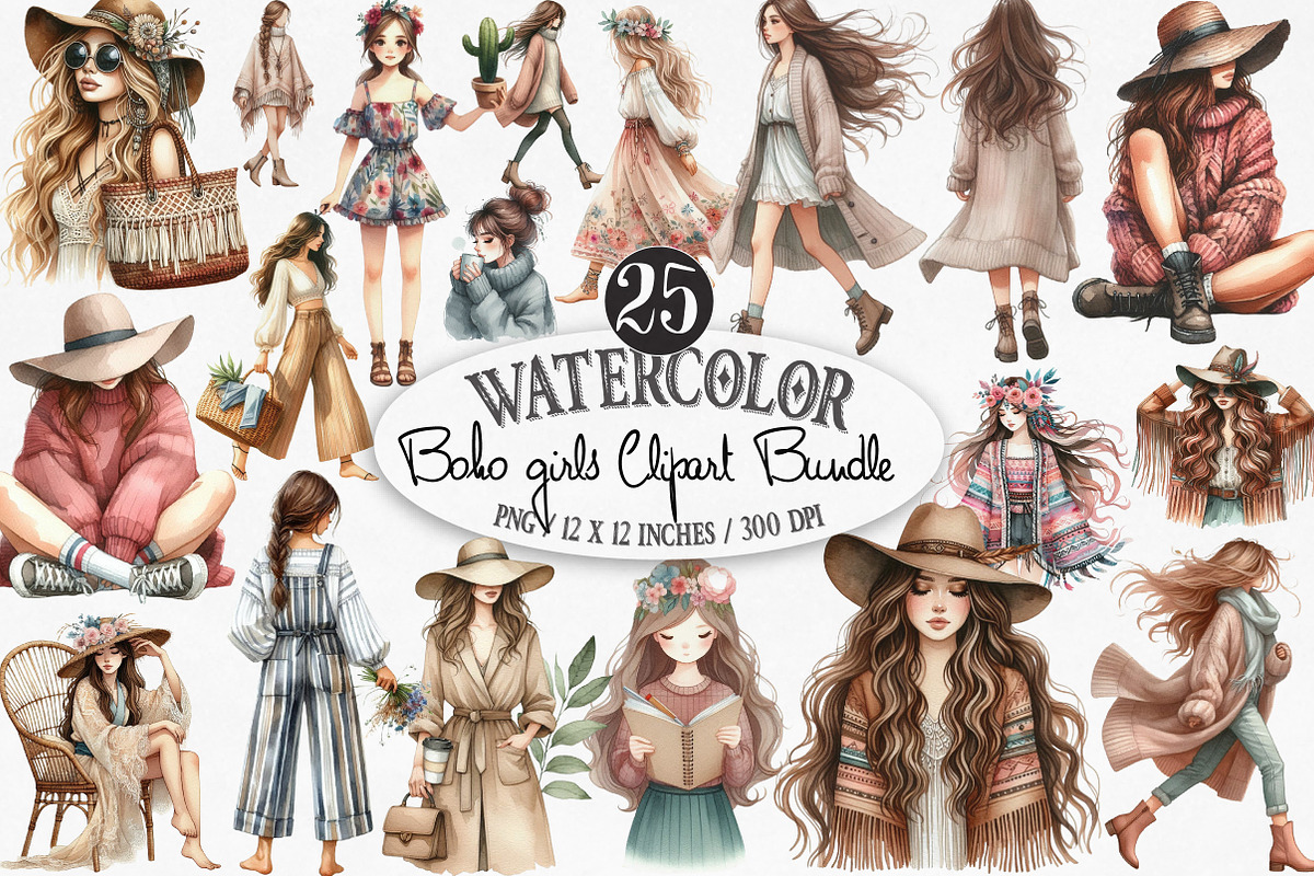 Watercolor Boho Girls Clipart, an Illustration by Designking (Photo 1 of 4)