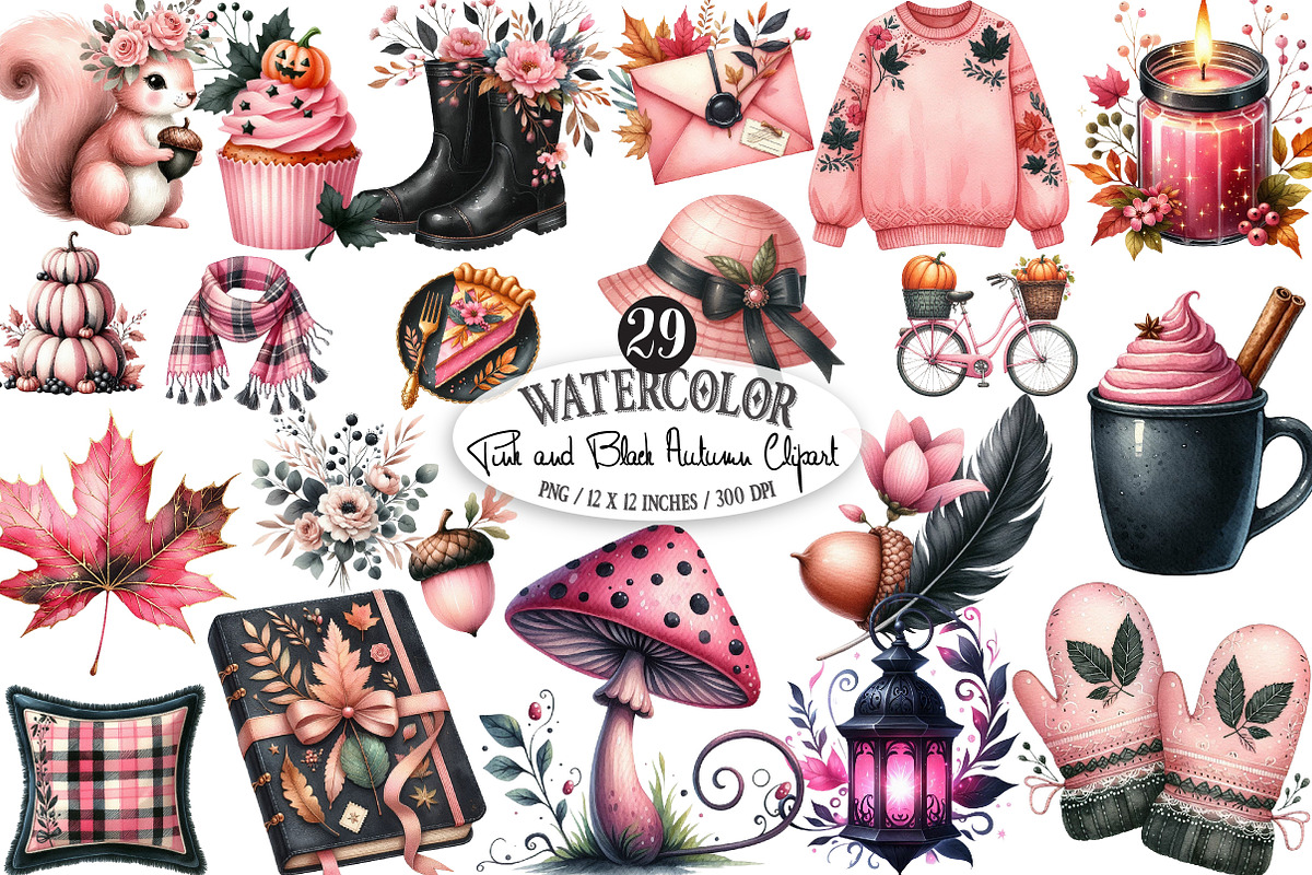 Watercolor Pink and Black Autumn PNG, an Illustration by Designking (Photo 1 of 4)