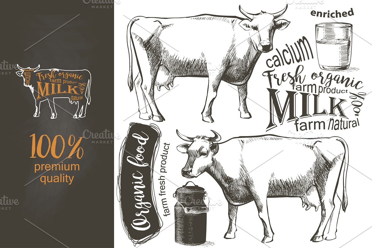 Cows and Milk. Hand drawn Vector set, an Animal Illustration by Alltruecolours (Photo 2 of 6)