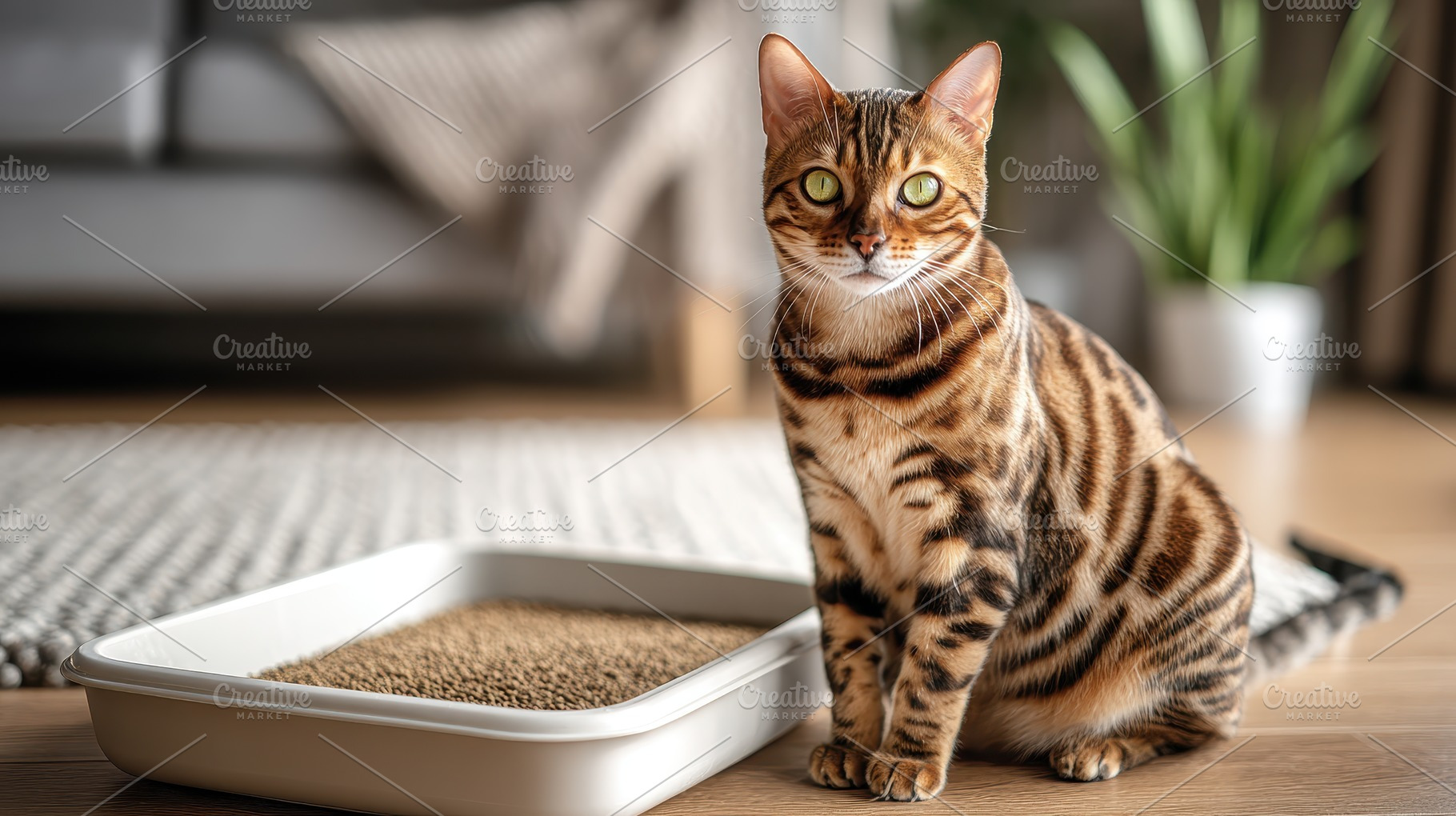 Bengal Cat Near Litter Box Home Inte, a Photo by Pixeness Studio