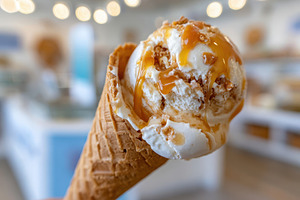 Ice cream cone with caramel drizzle, a Food & Drink Photo by AlyaAnd