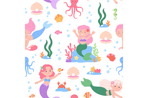 Funny mermaid seamless pattern, an Illustration by LadadikArt