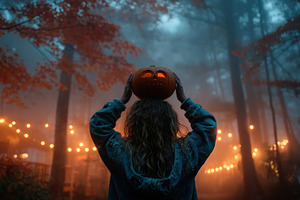 Woman holding carved jack-o'-lantern above head in foggy autumn, a Holiday Photo by José Manuel Gelpi