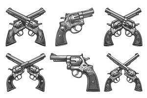revolver pistol engraving set vector, an Illustration by AlexArt