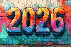 Graffiti style 2026 numbers painted in bold colors on urban bric, a Background Photo by José Manuel Gelpi