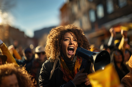 Arican American woman shouting through megaphone while being on, a Photo by AS photostudio