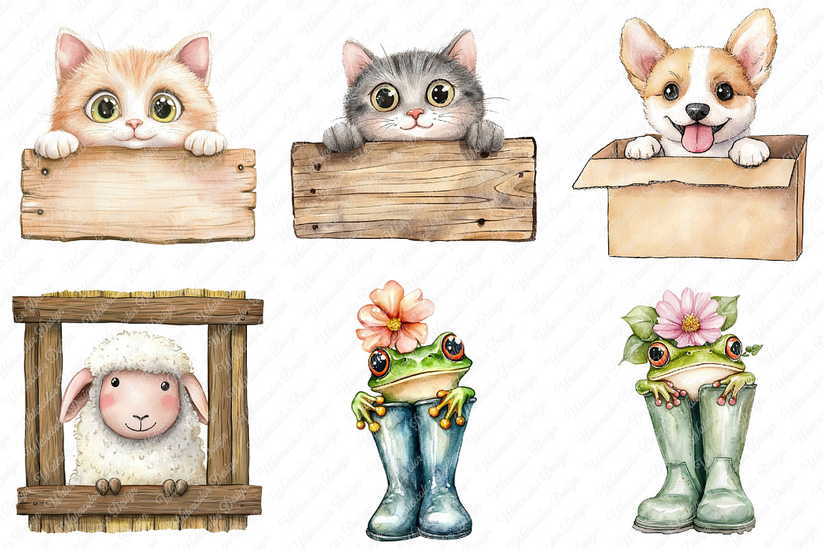 Funny Cute Animal Peeking clipart, an Illustration by Watercolor design (Photo 3 of 13)
