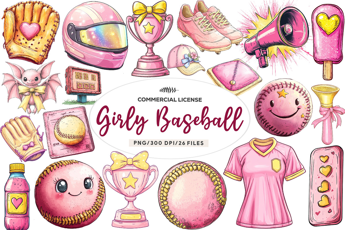 Retro Girly Baseball Clipart, an Illustration by CreationArt (Photo 1 of 5)