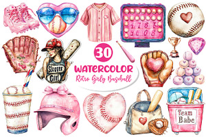 Retro Girly Baseball Clipart Bundle, an Illustration by Dream Creation