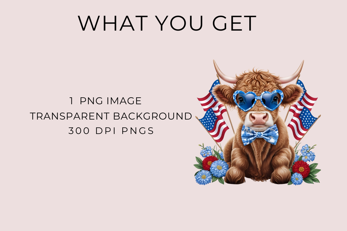 July 4th Highland Cow PNG, an Animal Illustration by Anca Digital Vibe (Photo 2 of 3)