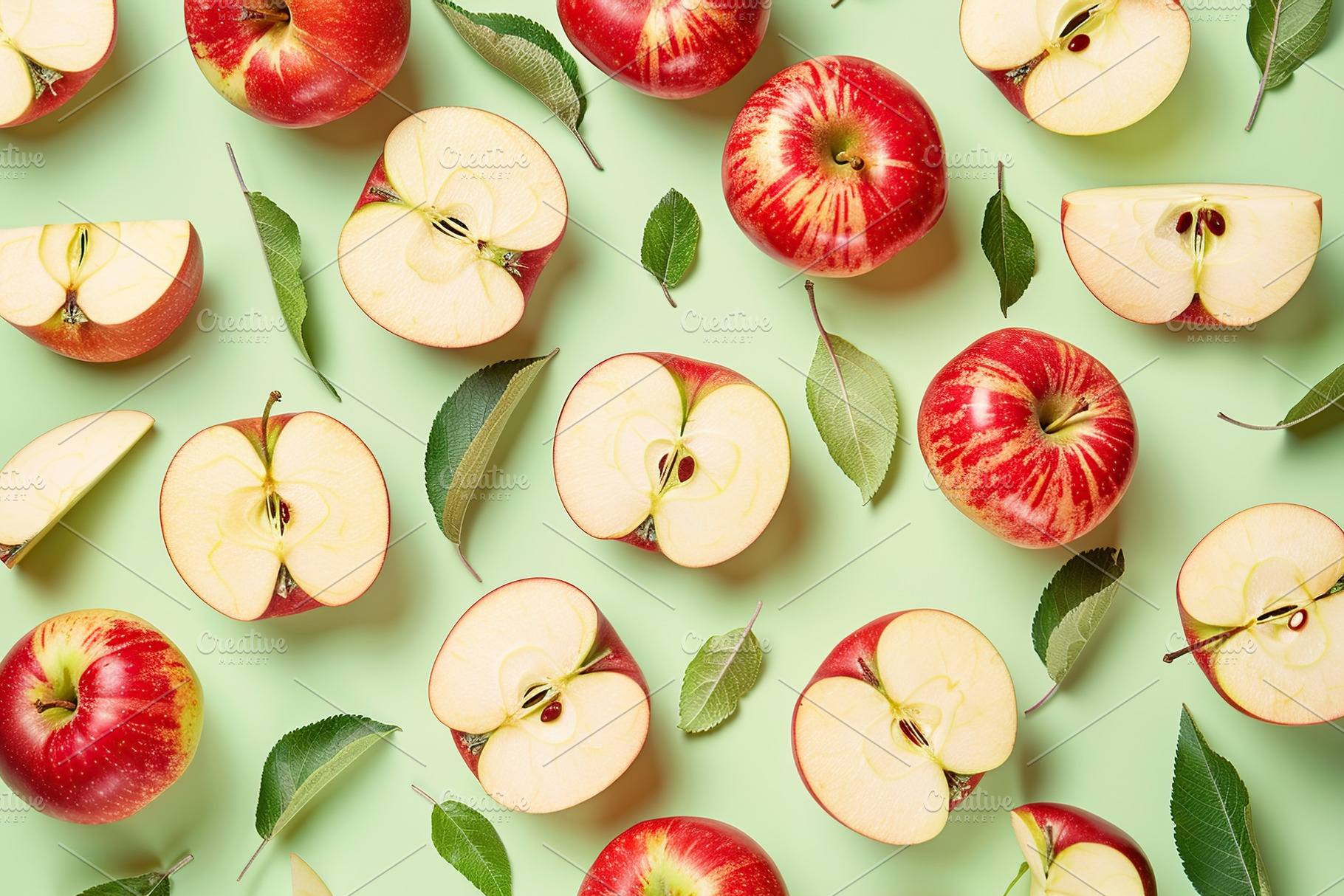 Pattern of fresh apple pieces on green background, a Food & Drink Photo by AlyaAnd