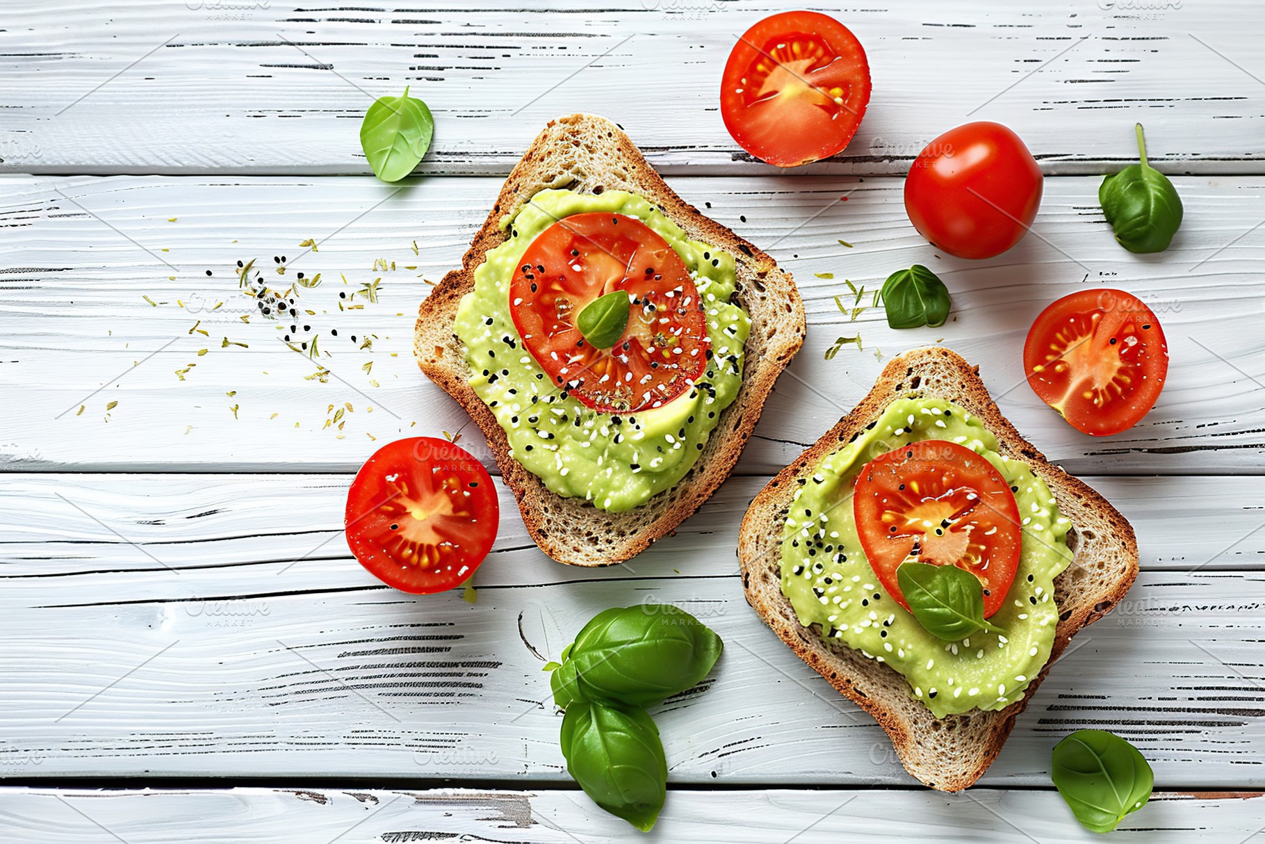 Toast bread with avocado puree and tomatoes on wooden table. Vegetarian food., a Food & Drink Photo by AlyaAnd