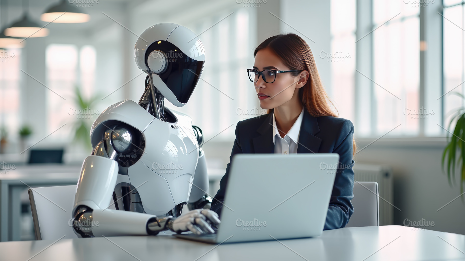 Businesswoman and robot collaboratin, a Technology Photo by Perpis