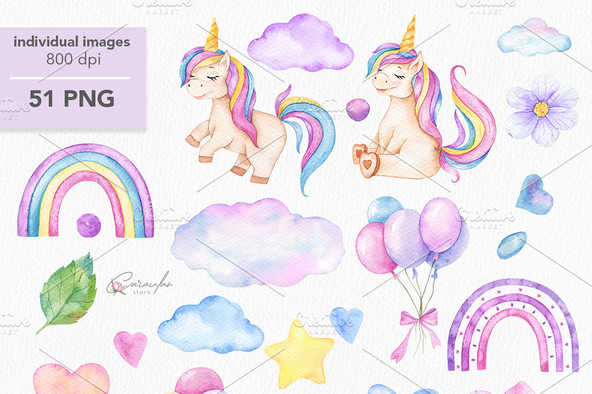 Cute Unicorns Watercolor Collection, an Animal Illustration by CaraulanStore (Photo 3 of 5)