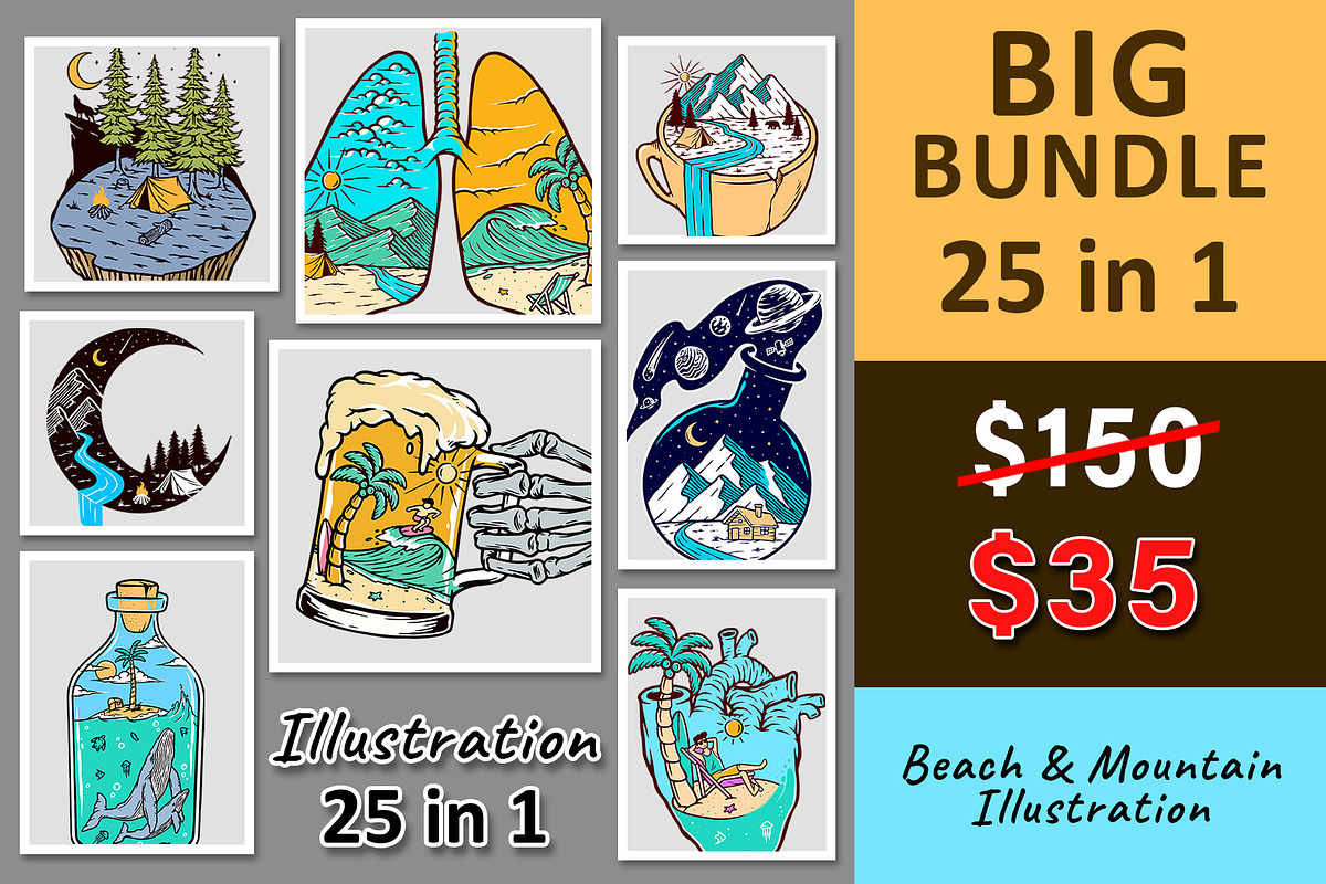 25 in 1 Bundle - Beach & Mountain, a Seasonal Illustration by gunaonedesign (Photo 1 of 21)