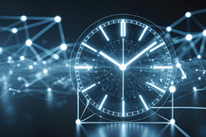 Glowing analog clock face ticking, an Illustration by wavebreak