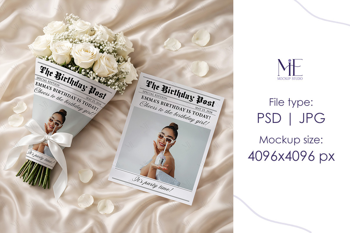 Wedding Newspaper Mockup with Bouque, a Mockup by Mie Mockup Studio (Photo 7 of 8)