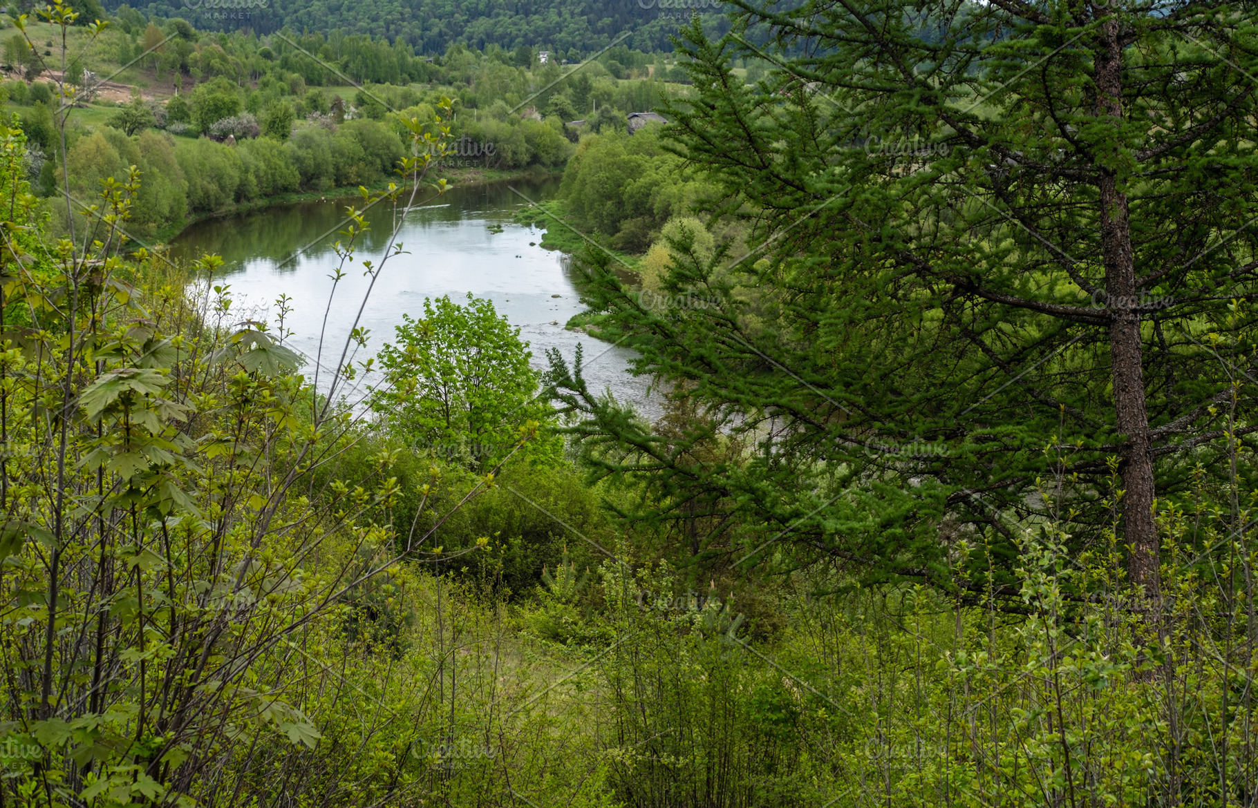 Spring picturesque river band view. Mountains scenery view behin, a Nature Photo by YuriyB