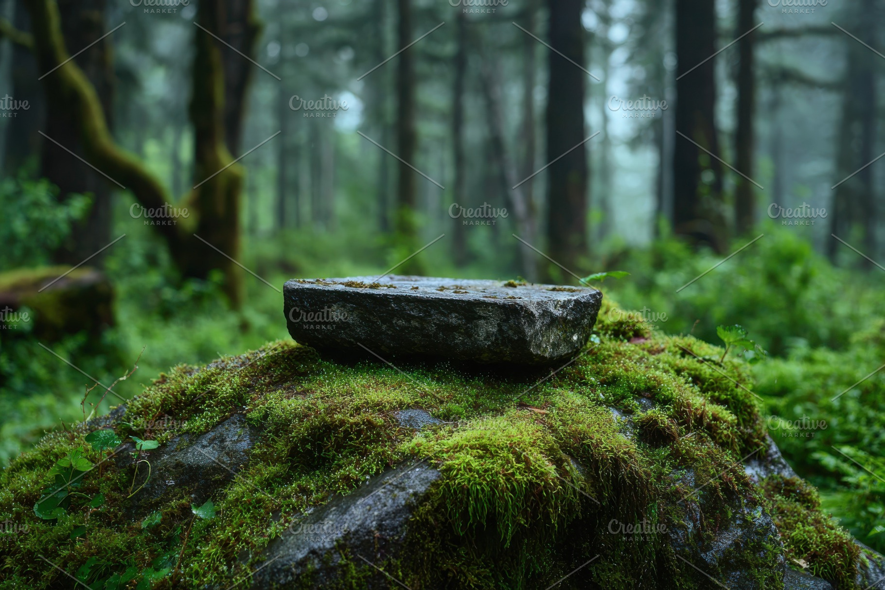 Stone in mossy forest serene nature, a Photo by Pixeness Studio