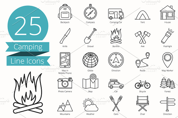 25 Camping Line Icons