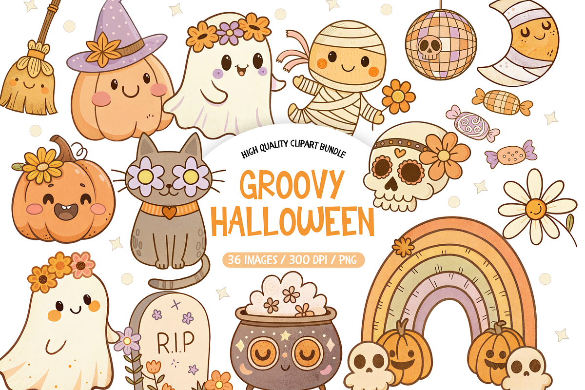 Groovy Halloween Clipart, an Illustration by TatiMockup (Photo 1 of 6)