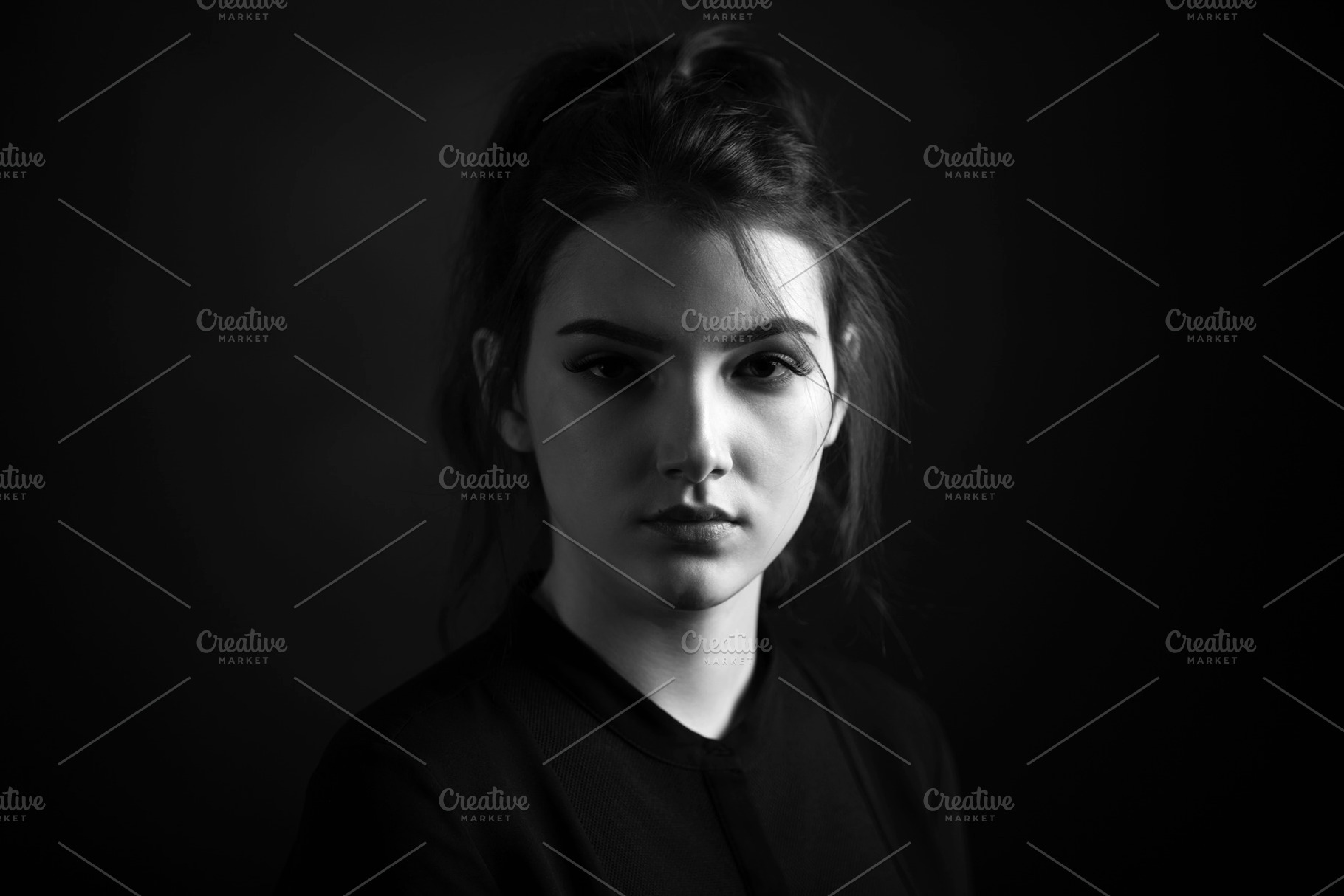 Dramatic black and white portrait of featuring girl, face, and lady, a Beauty & Fashion Photo by sport&beauty stock photo