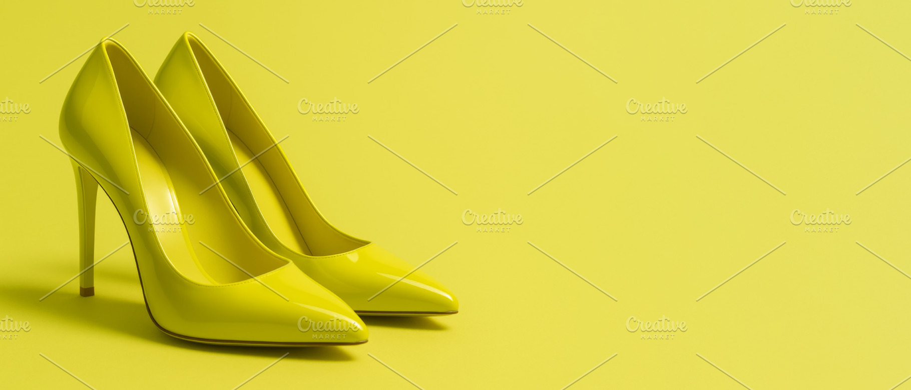 Chartreuse high heels on monochrome lime background, a Photo by Dvoevnore photos