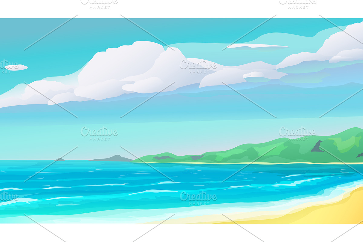 a sunny tropical beach with blue sea, an Illustration by IfH