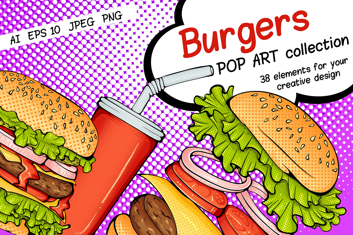 Burgers Collection in Pop Art style, a Food Illustration by ennona_art (Photo 1 of 10)