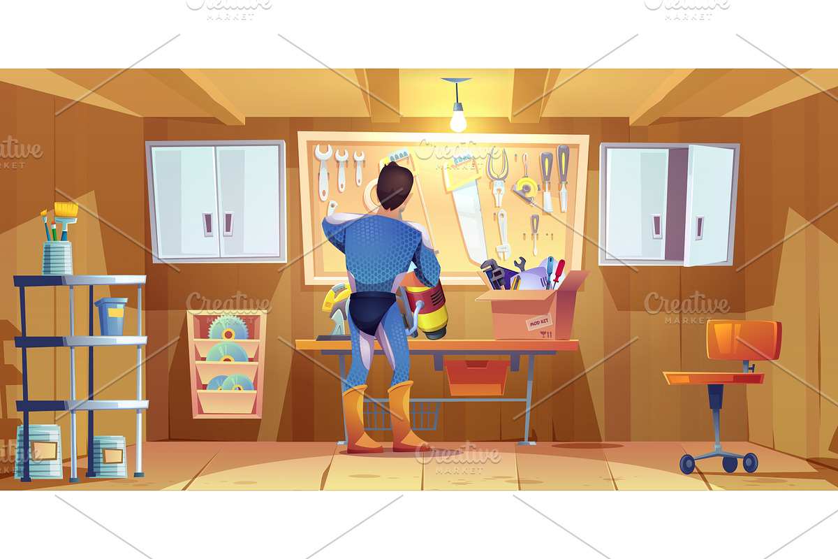 Superhero man works in garage, an Object Illustration by art PVP - market