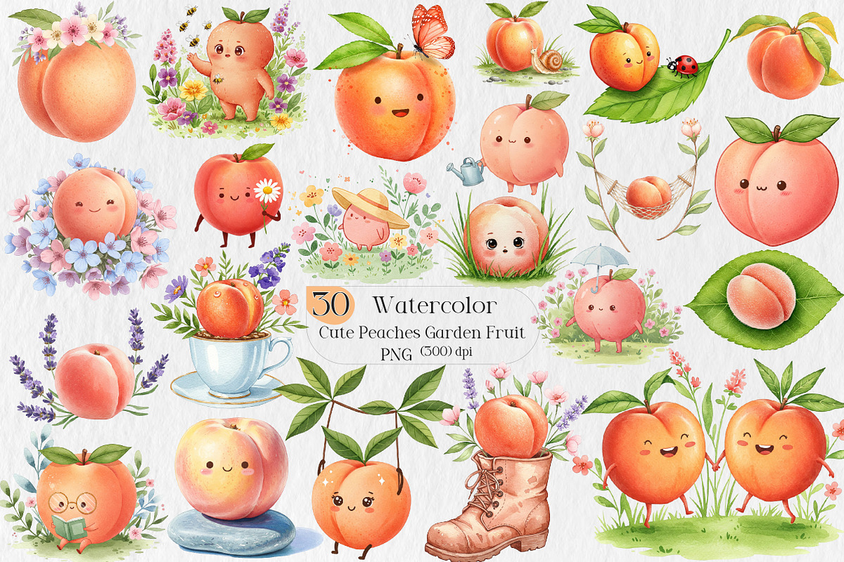 Watercolor Cute Peaches Garden Fruit, an Illustration by Creative Art (Photo 1 of 10)