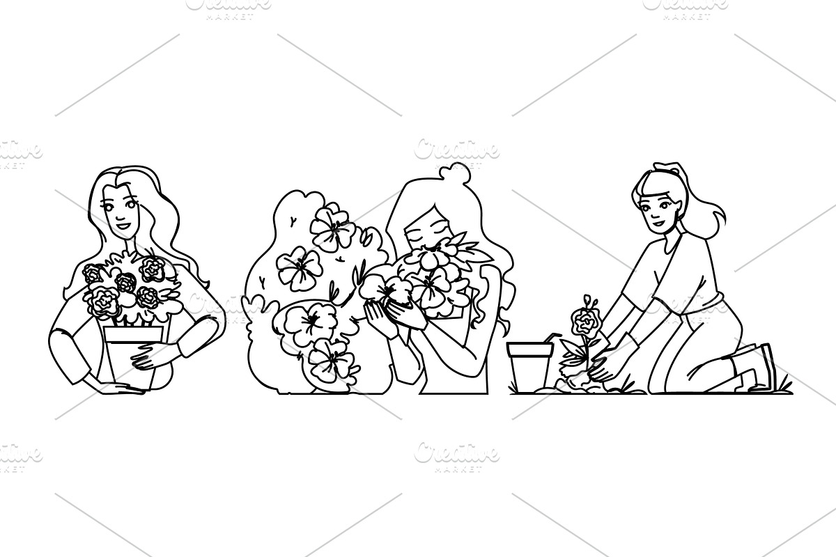 nature garden woman planting flowers, a Person Illustration by pikepicture
