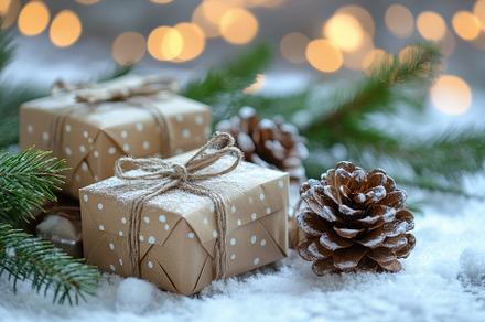 Gift boxes, pine cones, and branches, a Photo by Pavel_design