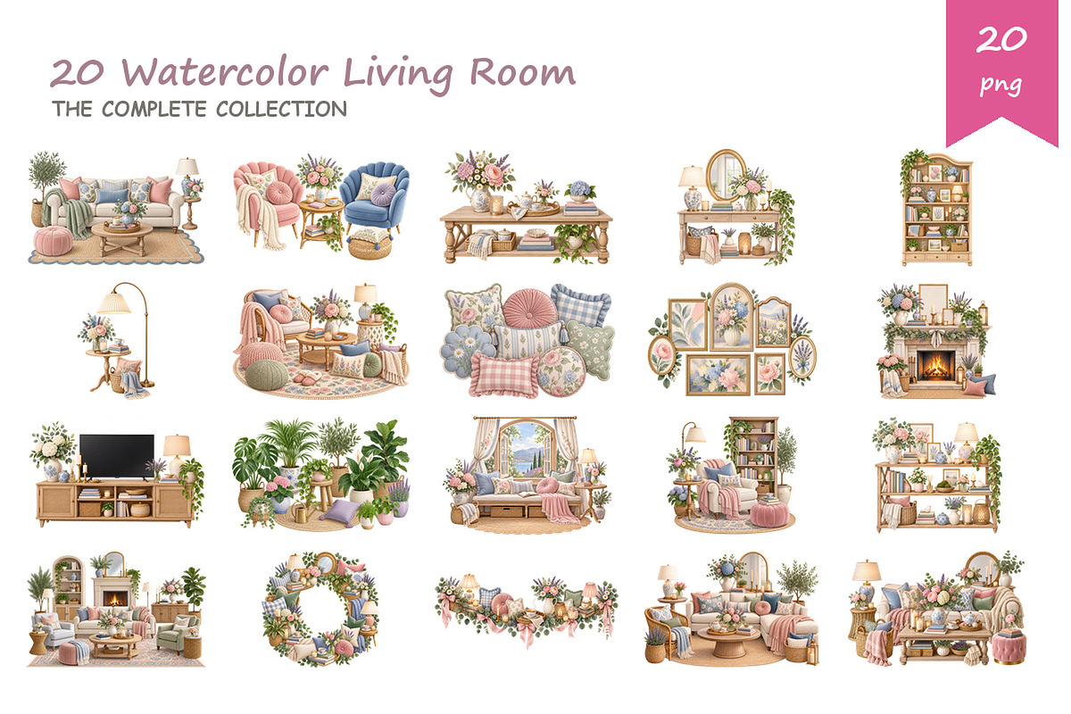 Watercolor Living Room Clipart, a Decorative Illustration by BerryPieArt (Photo 2 of 4)