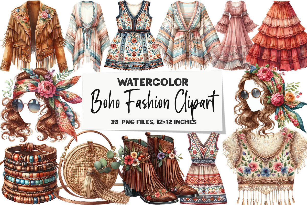 Watercolor Boho Fashion Clipart, an Illustration by DreamArtGraphic (Photo 1 of 5)