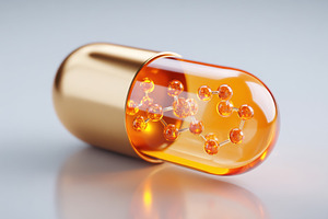 Golden capsule with orange molecules inside, a Health & Medical Photo by AlyaAnd