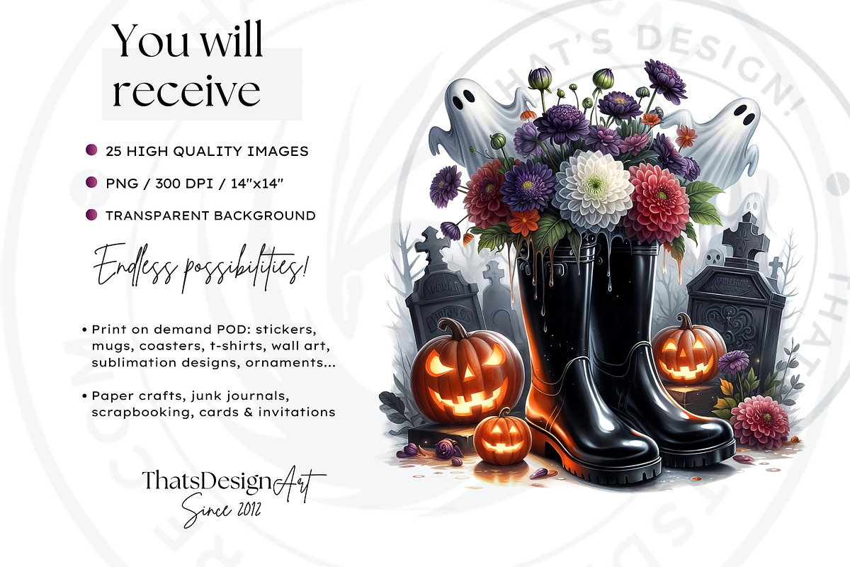 Halloween Floral Rain Boots Cliparts, a Seasonal Illustration by ThatsDesignArt (Photo 2 of 10)