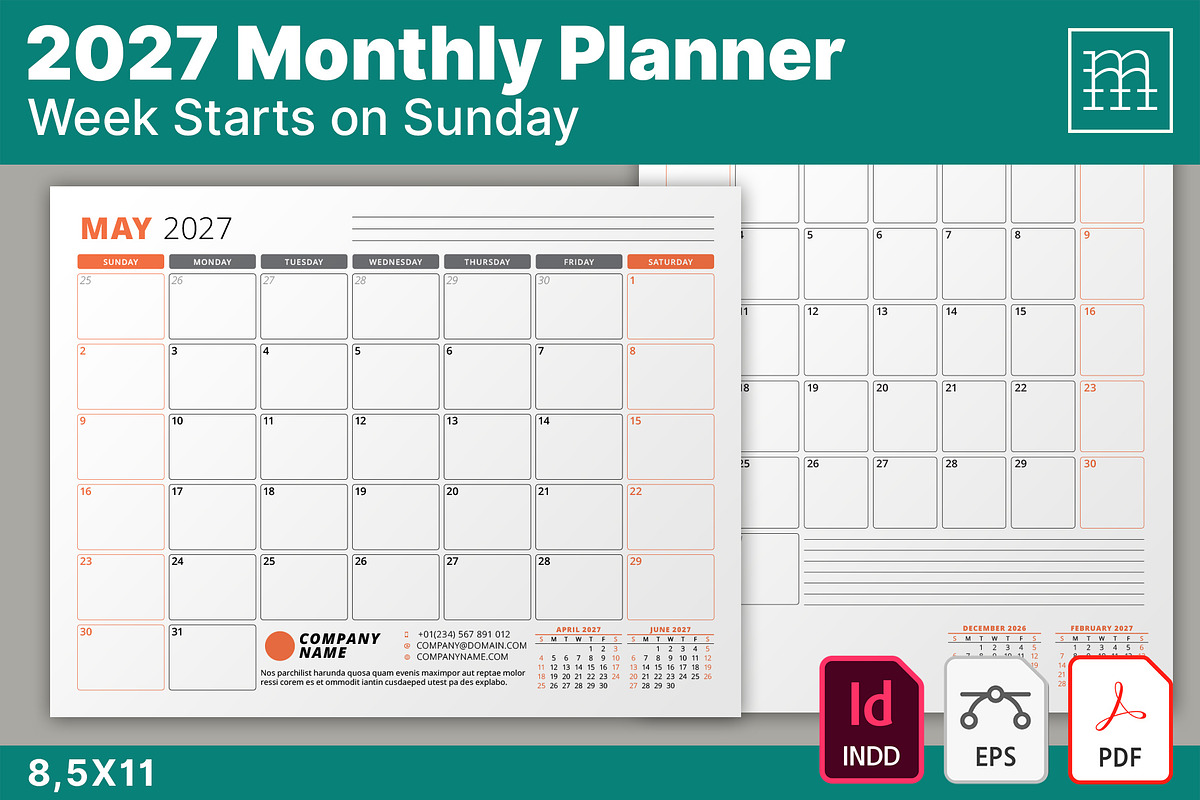 Monthly Planner 2027 (MP038-27-S), a Stationery Template by mikhailmorosin